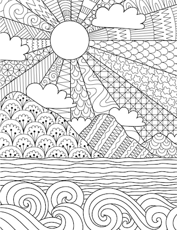 Premium vector abstract intricate line art of sunrise on the beach for background coloring book coloring page with the size x vector illustration