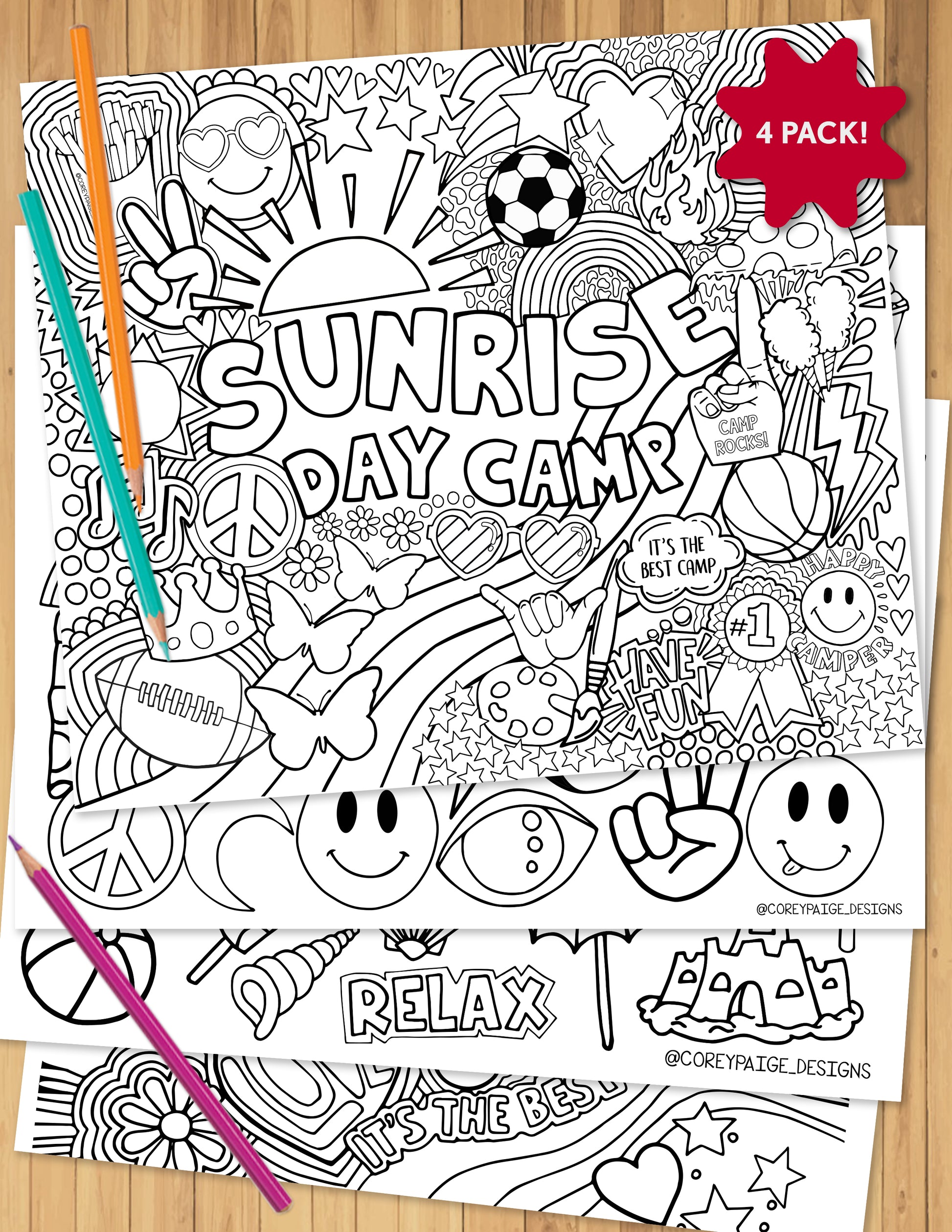 Sunrise day camp coloring sheet pack â