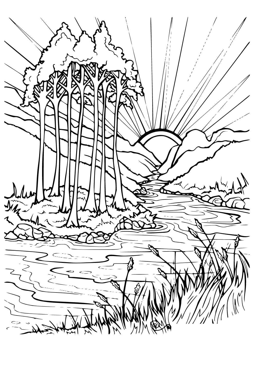 Free printable nature sunrise coloring page sheet and picture for adults and kids girls and boys