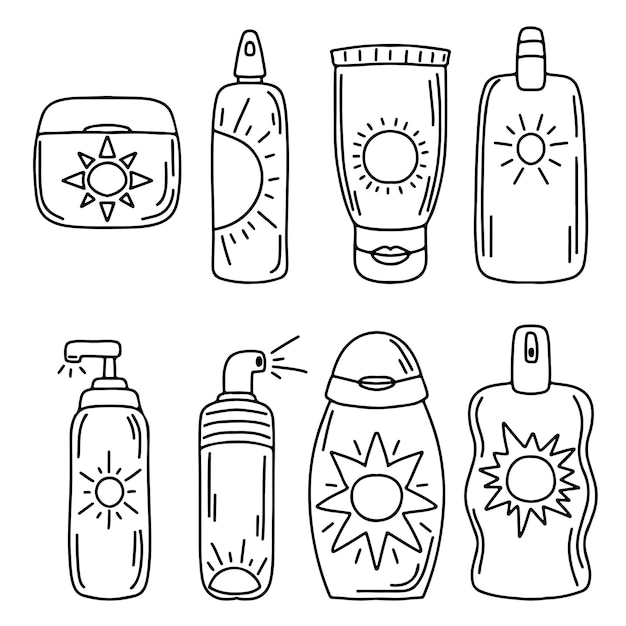 Premium vector collection of sunscreens in hand drawn doodle style vecctor doodle elements set coloring pages