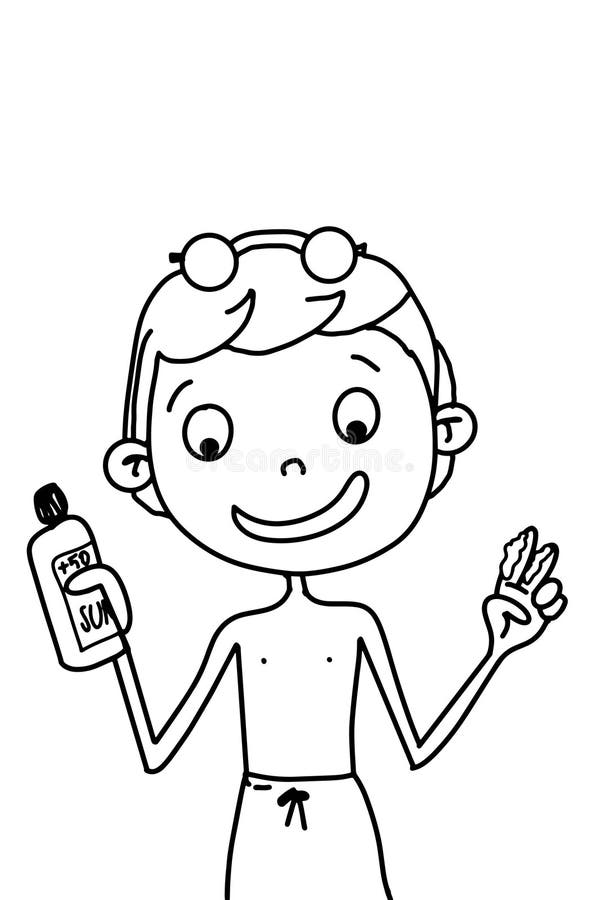 Cute boy or girl applying sunscreen on a sunny daycoloring page stock illustration