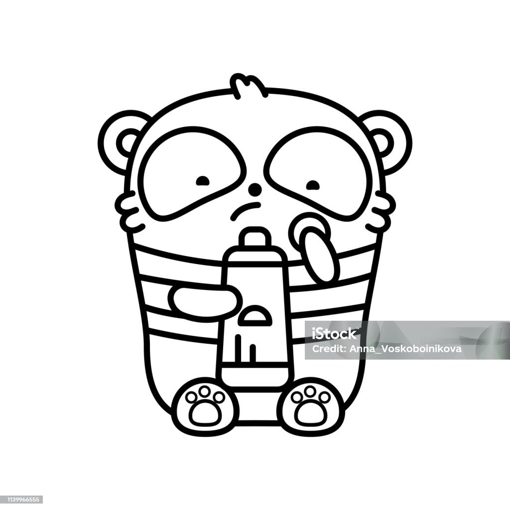 Little cute sad panda burned in the sun and smeared with sunscreen vector outline illustration in linear style on white background kawai bear coloring book page stock illustration