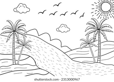 Summer sunset tropical beach line art stock vector royalty free