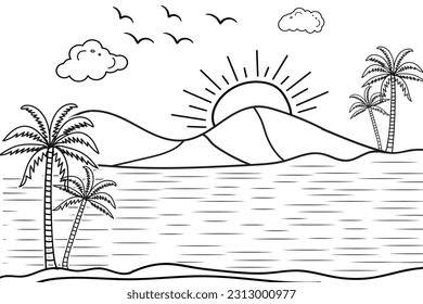 Summer sunset tropical beach line art stock vector royalty free