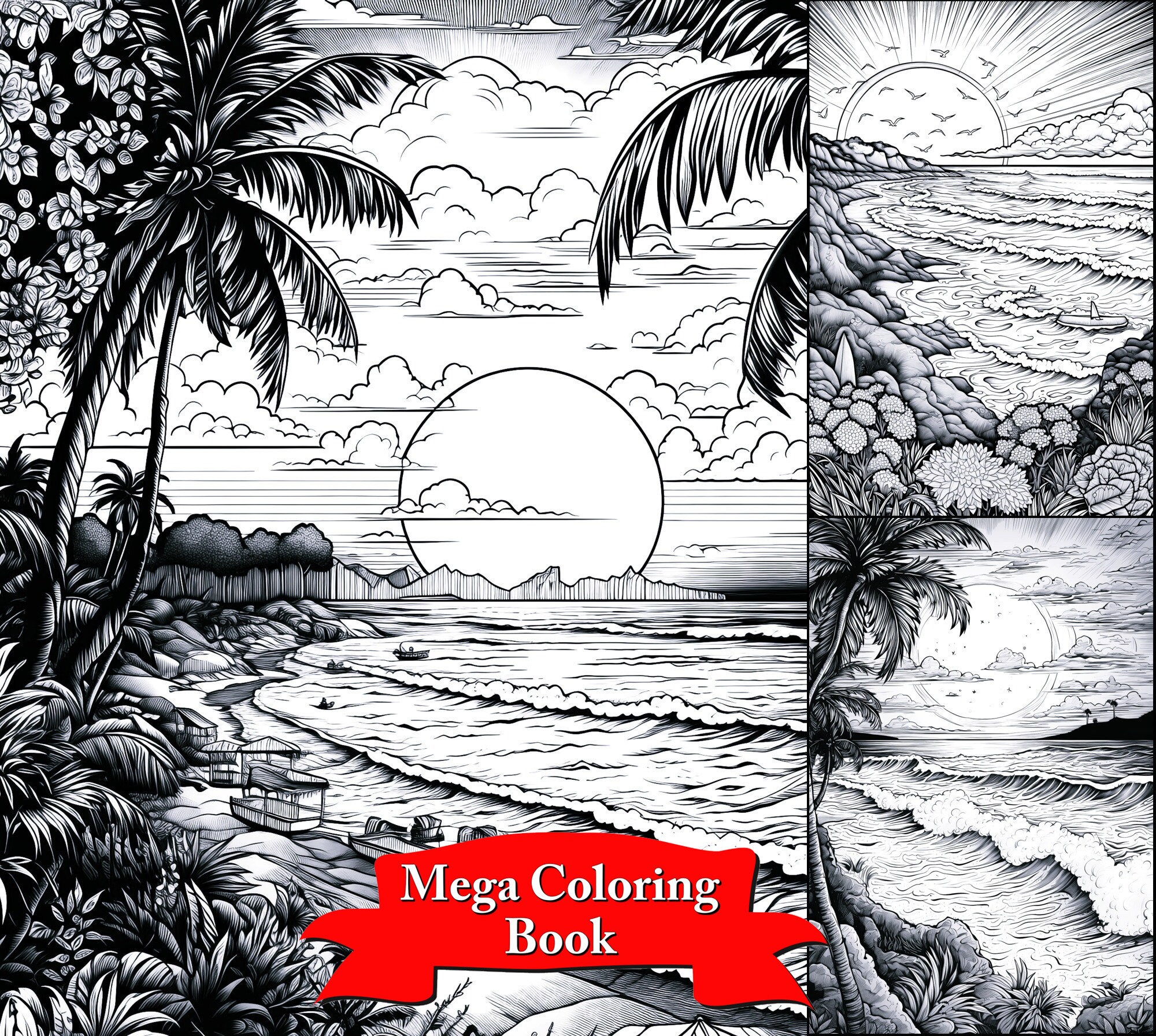 A grand sunset on a beautiful and busy beach adult coloring