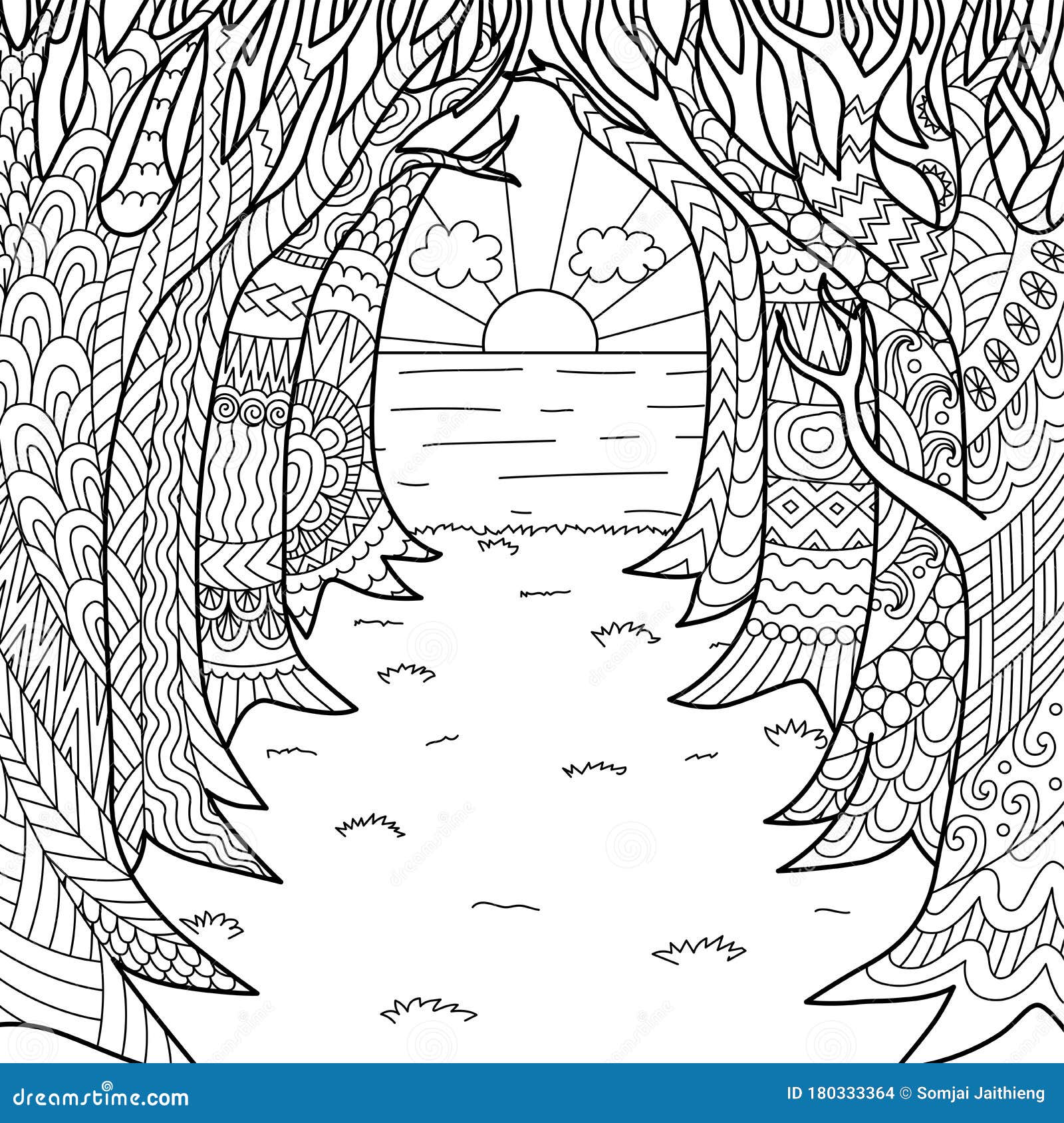 Line art the road under the trees leads to the sea and sunset for adult coloring page and print on product vector illustration stock vector