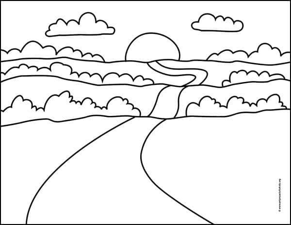 Easy how to draw a sunset tutorial and sunset coloring page coloring pages coloring pages for kids drawings