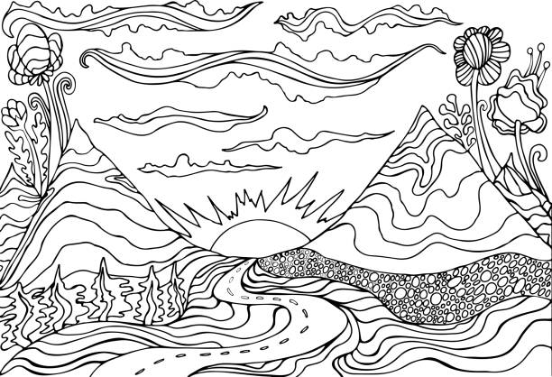 Creative coloring page fantasy with a mountain landscapecloudssun and the road leading into the sunset cartoon doodle style fantastic psychedelic graphic artwork vector hand drawn illustration stock illustration