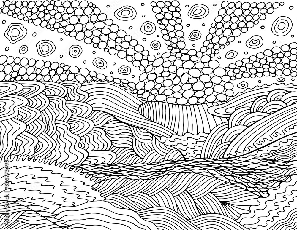 Psychedelic landscape coloring page for adults sea sunsetsun ocean sky and clound oceanic waves seaside illustration doodle drawing vector artwork vector