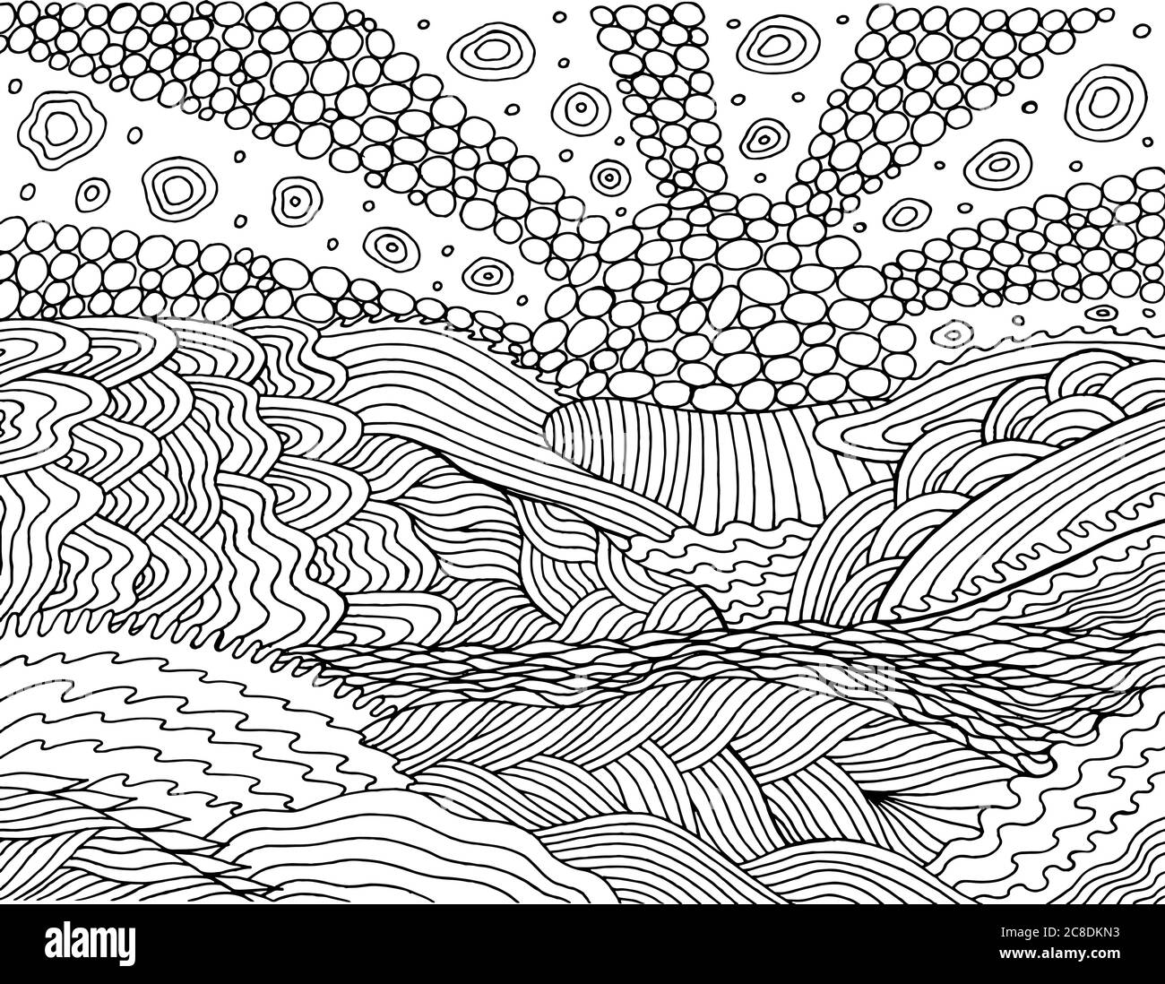 Psychedelic landscape coloring page for adults sea sunsetsun ocean sky and clound oceanic waves seaside illustration doodle drawing vector ar stock vector image art