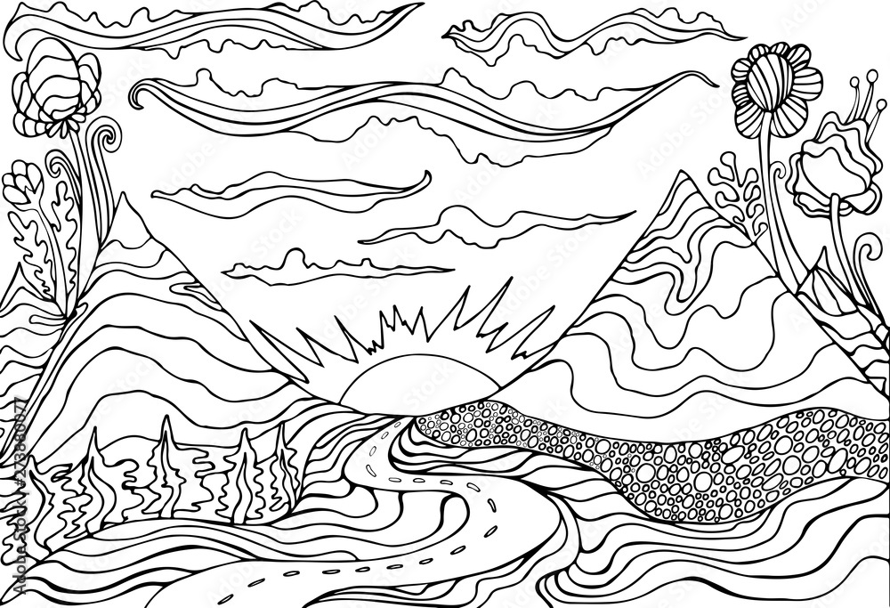 Creative coloring page fantasy with a mountain landscapecloudssun and the road leading into the sunset cartoon doodle style vector