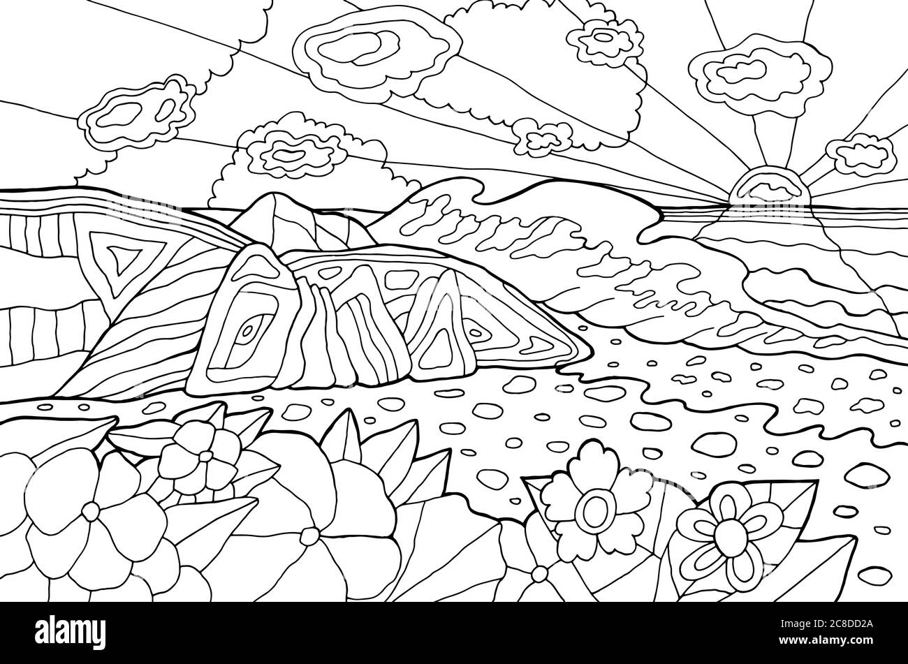 Psychedelic illustration with seaside landscape ocean sunset line art coloring page for adults hippie s artwork vector illustration stock vector image art