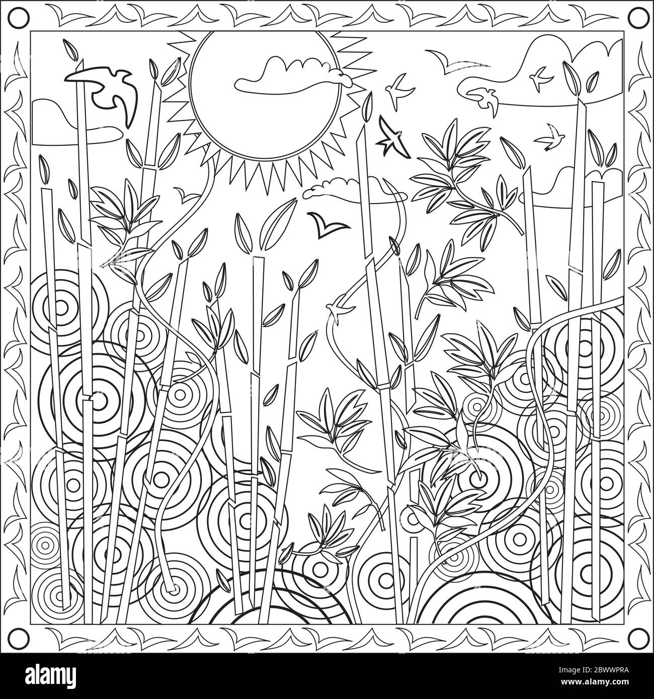 Coloring page illustration in square format for adults bamboo circles and sunset design stock vector image art