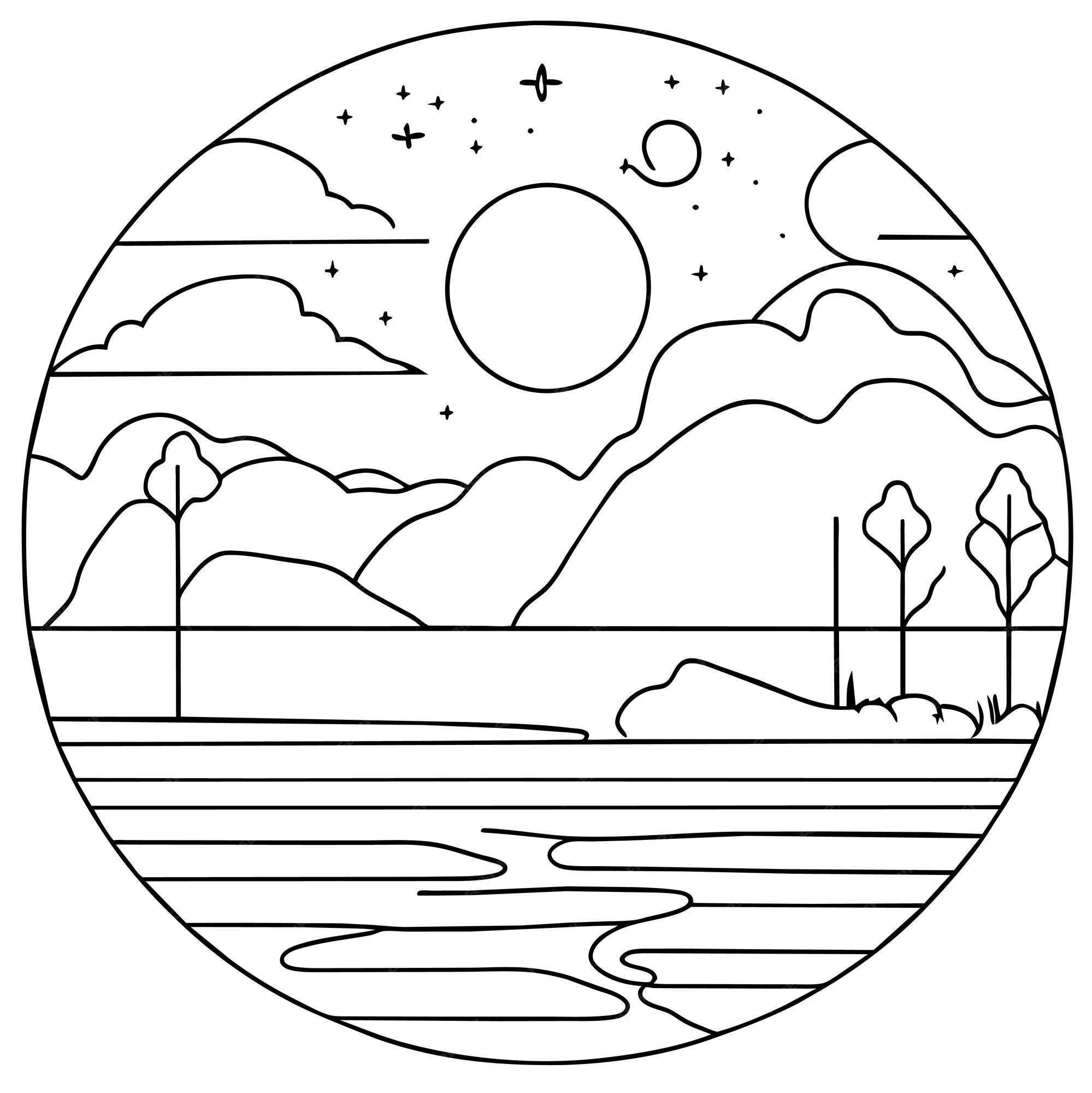 Premium vector coloring book page scene with sunset at the lake background