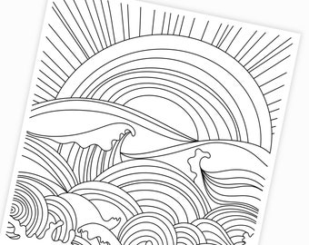 Sunset ocean waves coloring page digital printable