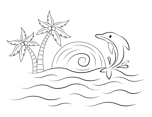 Printable dolphin sunset coloring page