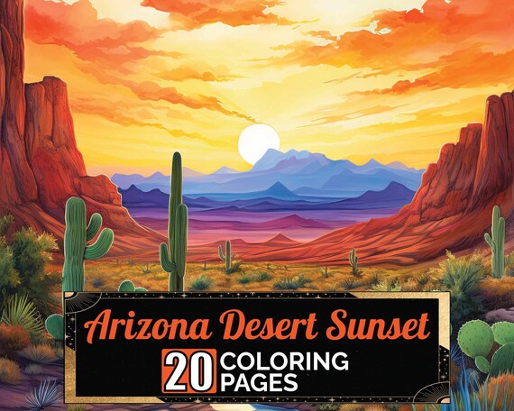 Arizona desert sunset coloring pages premium coloring sheets coloring book a size printable digital pdf download landscape theme