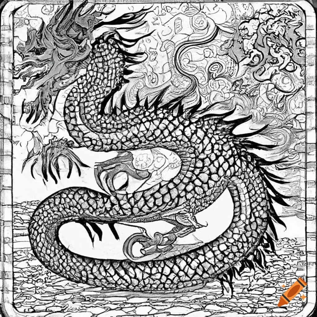 Coloring page of a chinese dragon under a beautiful sunset on