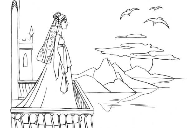 The queen sees off the sun behind the mountains coloring page