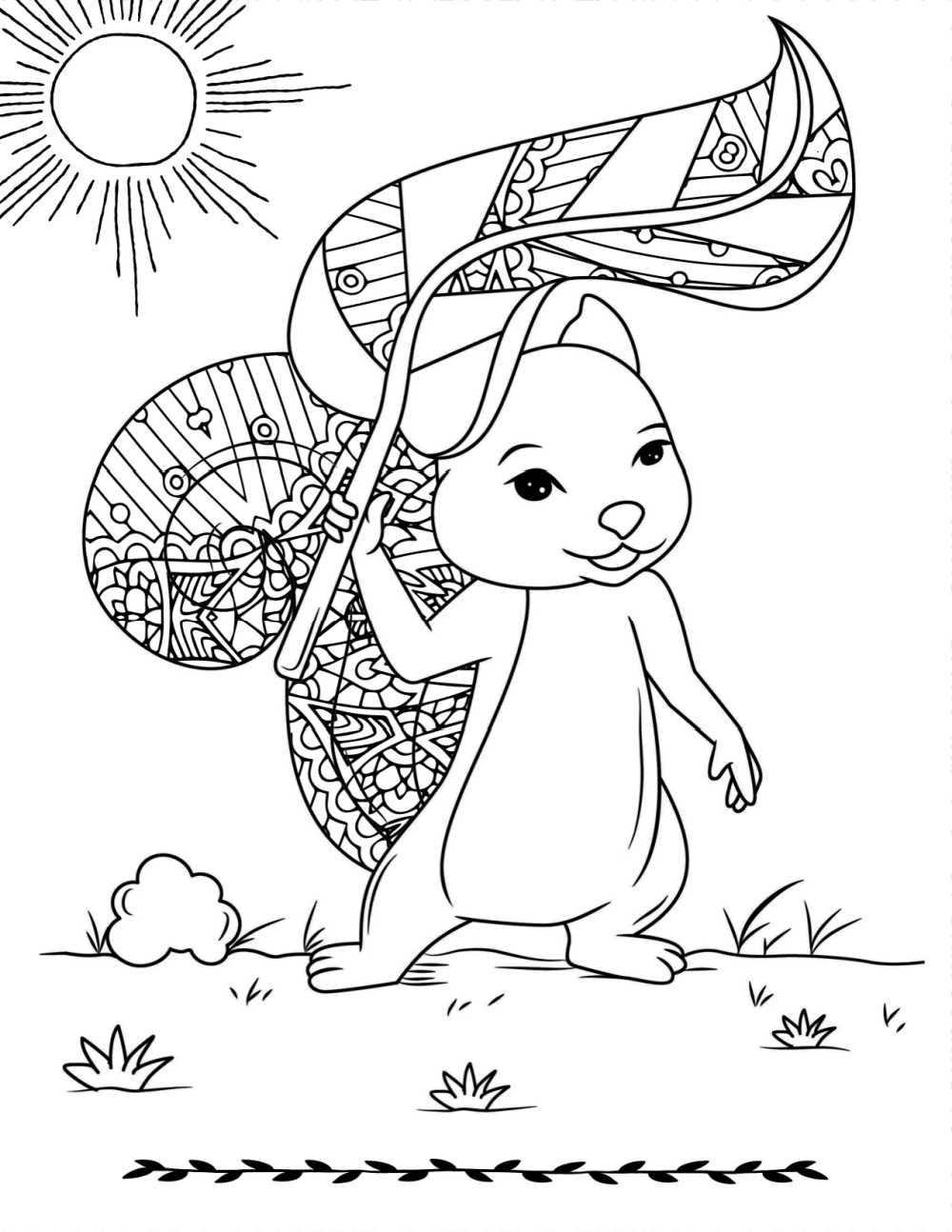 Free printable squirrel in the sunshine coloring page