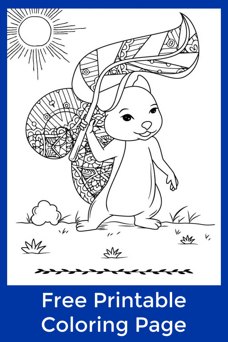 Free printable squirrel in the sunshine coloring page