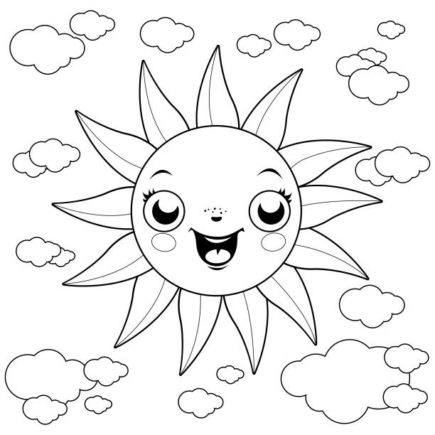 Cartoon sun and clouds vector black and white coloring page stock illustration