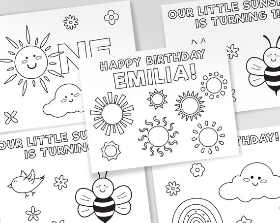 Printable sunshine coloring pages sun birthday party sheets personalized sunshine party favors our little sunshine theme set of sheets