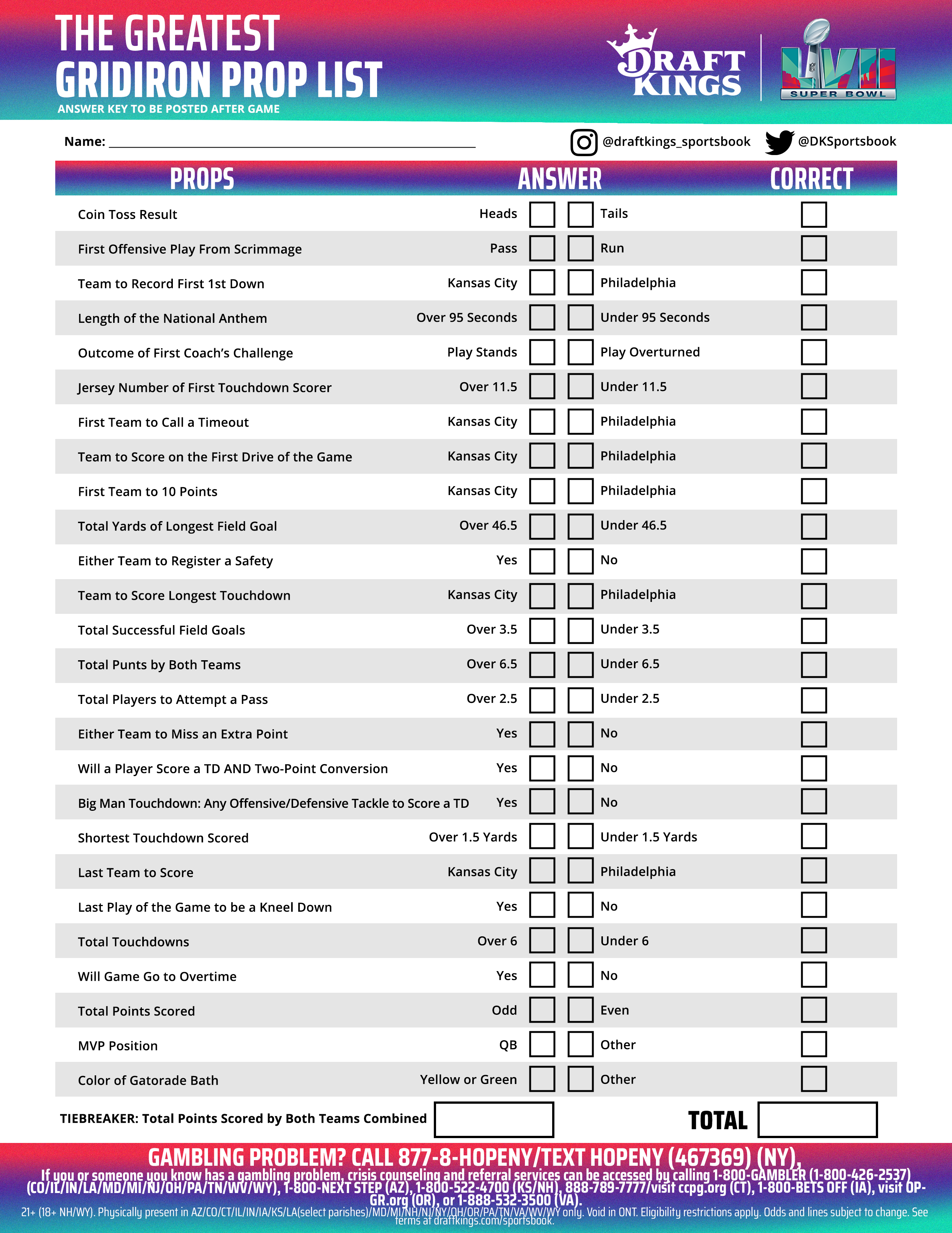Super bowl prop bets printable scorecard to track chiefs