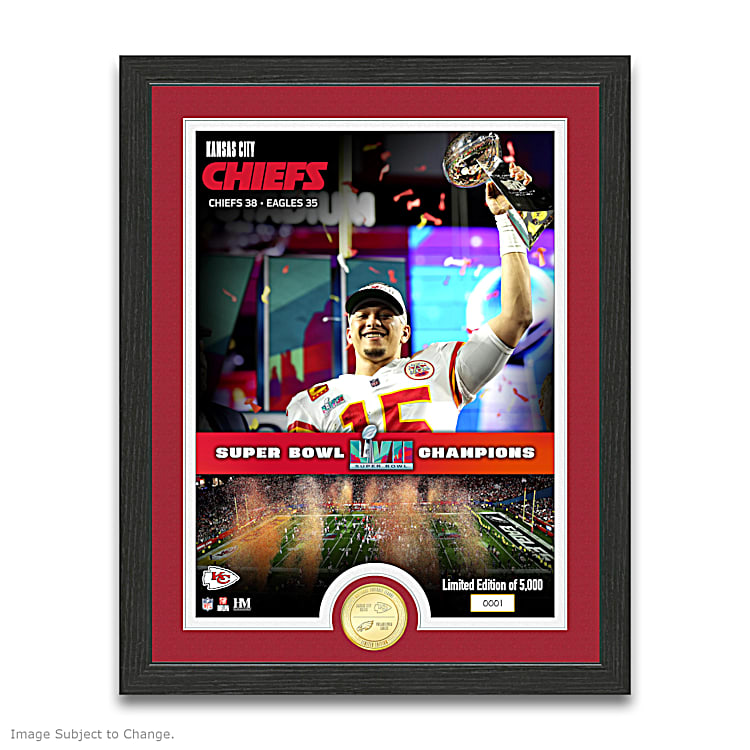 Kansas city chiefs nfl super bowl lvii champions framed wall decor featuring color images and a bronze bullion medallion