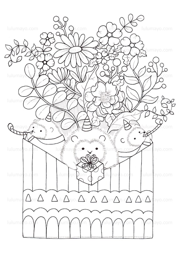 Super cute animal hedgehog flower coloring page lulu mayo instant digital download hedgehogs send you greeting in the greeting card