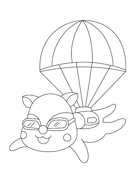 Premium vector fox skydiving with parachute coloring page or book for kid vector