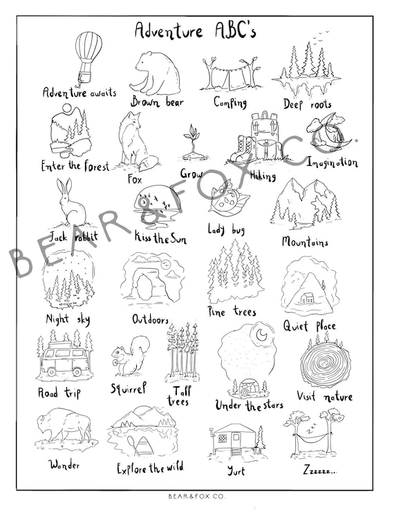 Adventure abcs coloring page numbers coloring page educational coloring pages digital download outdoors coloring page animal coloring download now