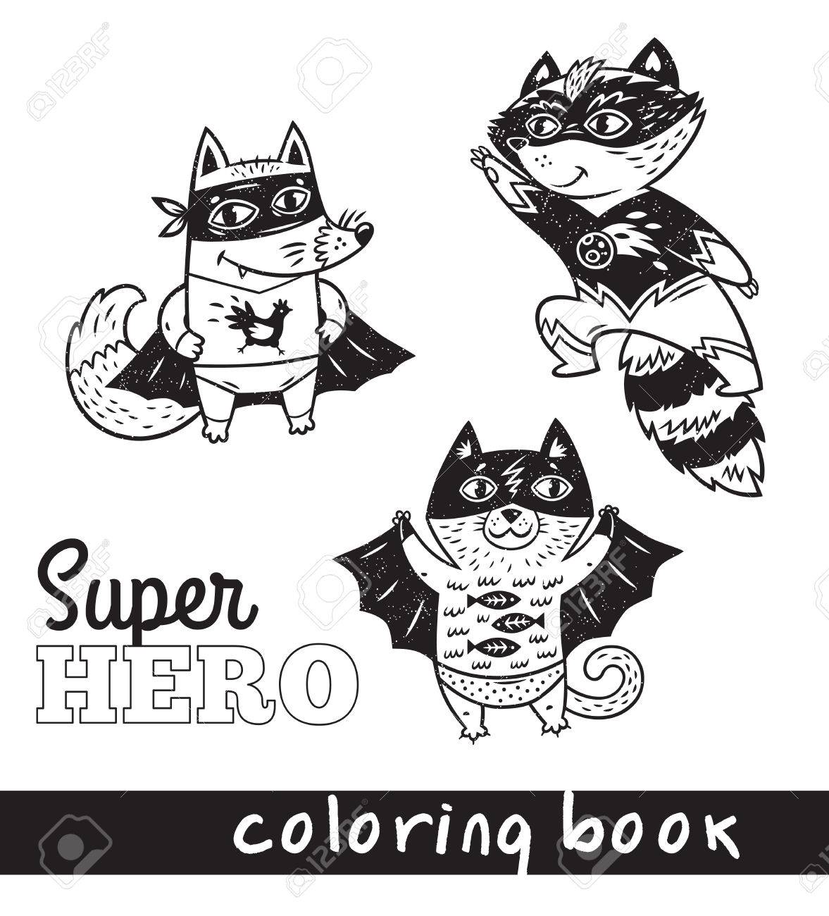 Black and white illustration hand drawn fox cat and raccoon in superheroes costume coloring book page with cartoon ic animals royalty free svg cliparts vectors and stock illustration image