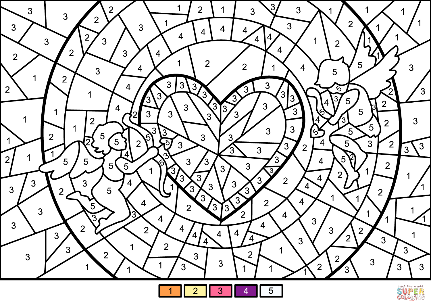 Cupids and heart color by number free printable coloring pages