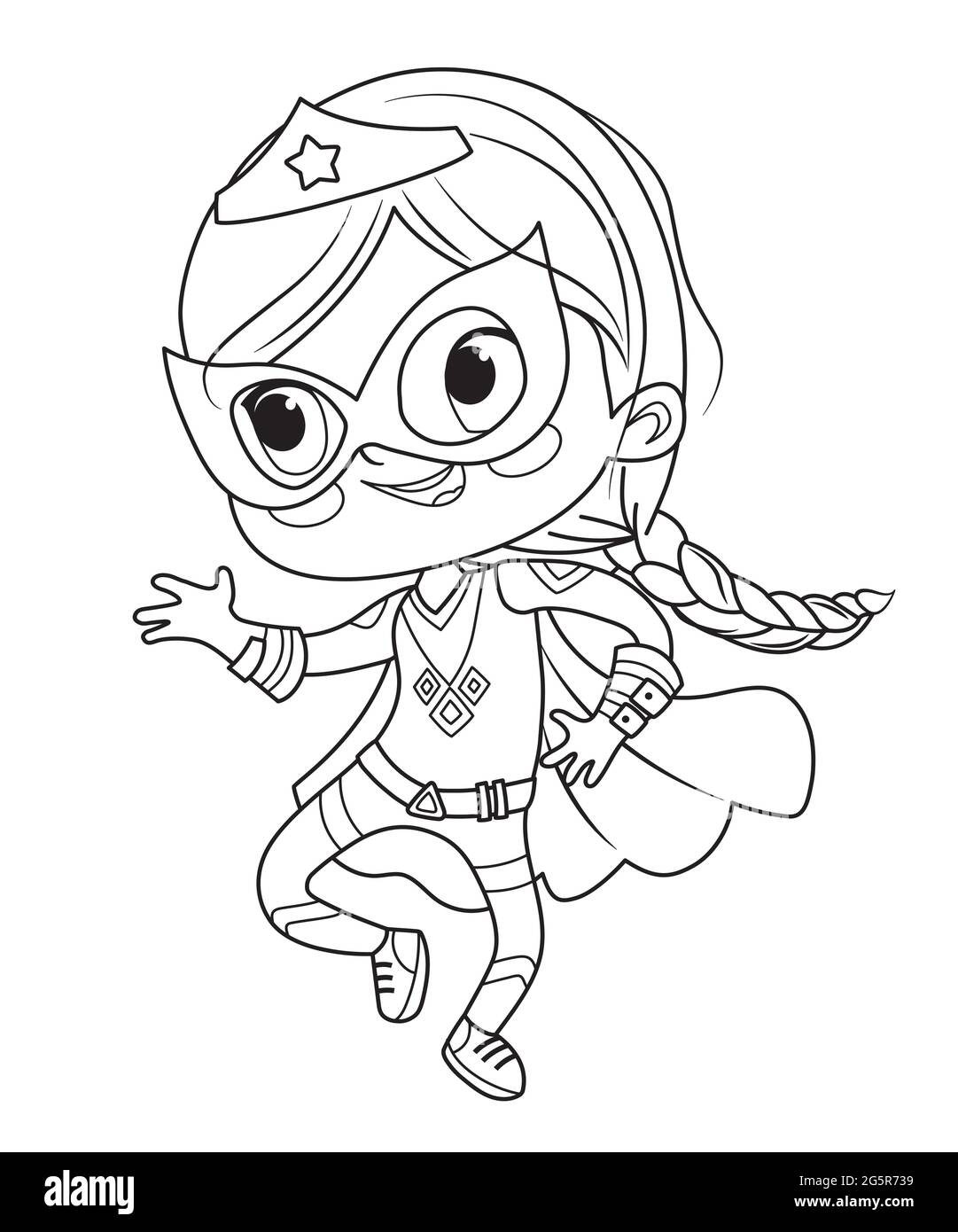 Coloring page of super hero children boys and girls wearing costumes of superheroes coloring book cartoon vector characters of kids superheroes stock vector image art