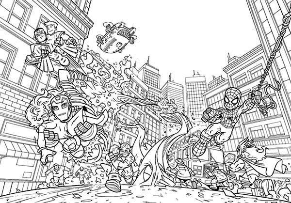 Marvels super heroes saving each other in super hero squad coloring page