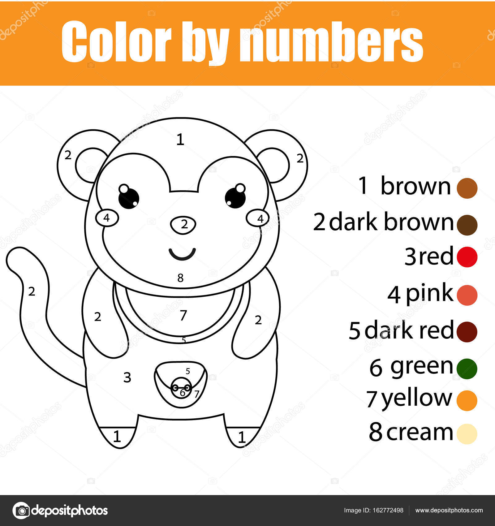 Coloring page with monkey color by numbers educational children game drawing kids activity stock vector by ksuklein