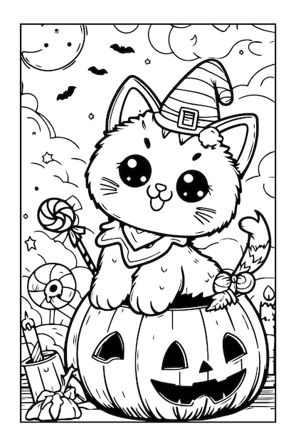 Premium vector adorable kitty halloween coloring page art print