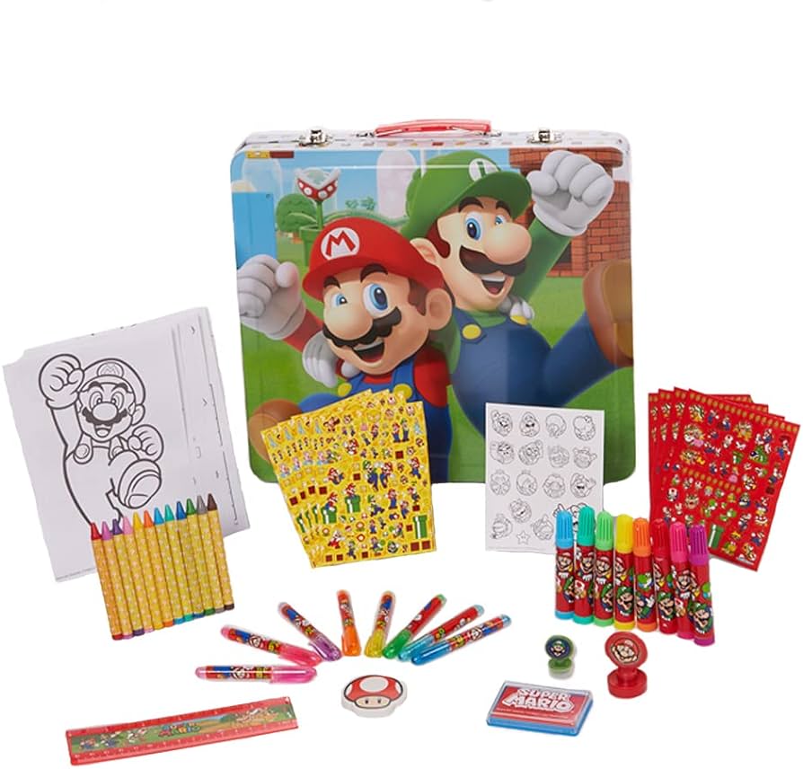 Innovative designs mario brothers super mario deluxe activity set with carrying tin coloring sheets tattoos stickers art supplies toys games