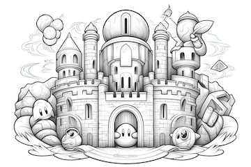 Premium vector simple coloring book page of kirby at mario castle