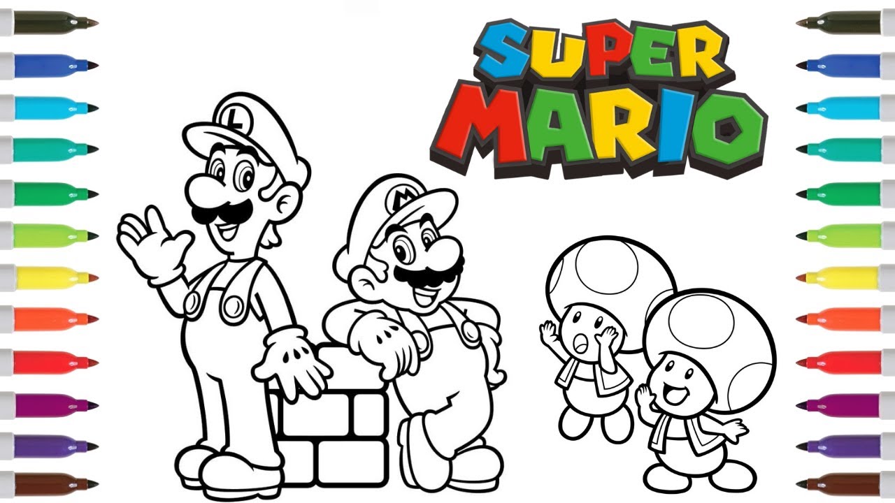 Super mario coloring book page mario luigi red blue toad