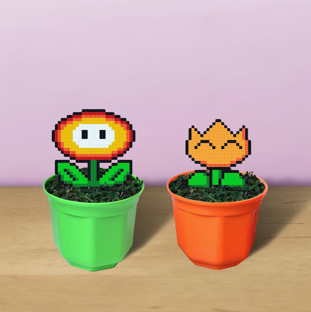 Pixel art fire flower super mario with pot mario gift bit plant pixel flower fake plant mario orange flower birthday decor