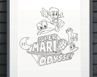 Super mario odyssey line art super mario odyssey digital print super mario odyssey inspired wall art minimalist wall art instant download