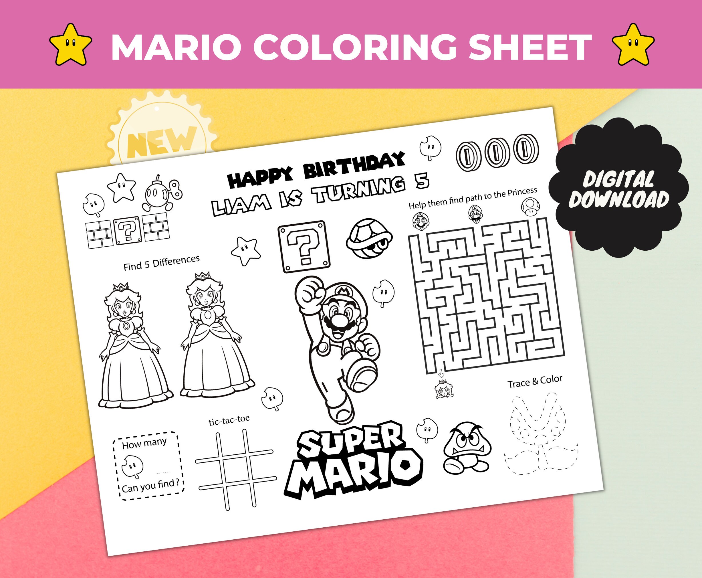 Personalized mario birthday coloring sheet custom printable activity super mario png mario game instant download for birthday party