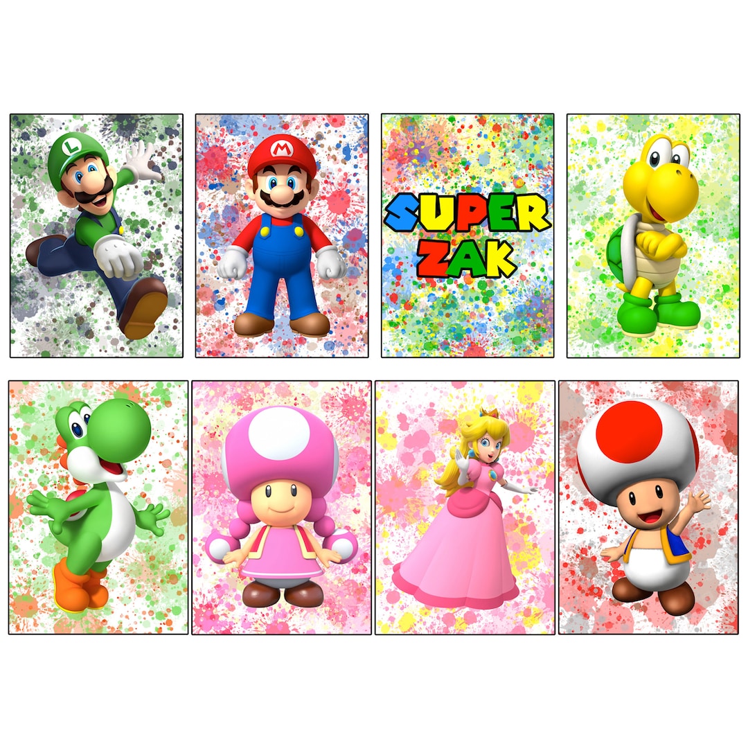 Mario bros character colour splash set of prints childrens wall art in sizes x a a digital download available