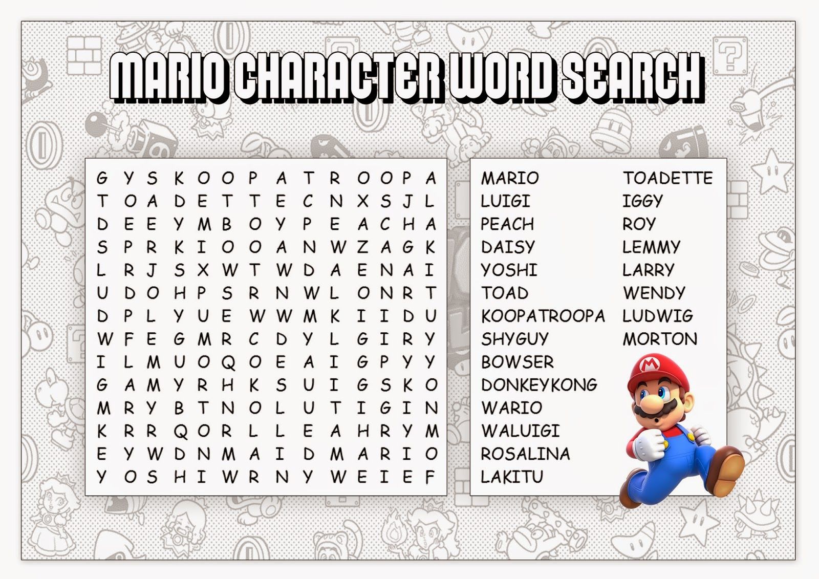 Super mario printable word searches mario bros party super mario super mario bros party