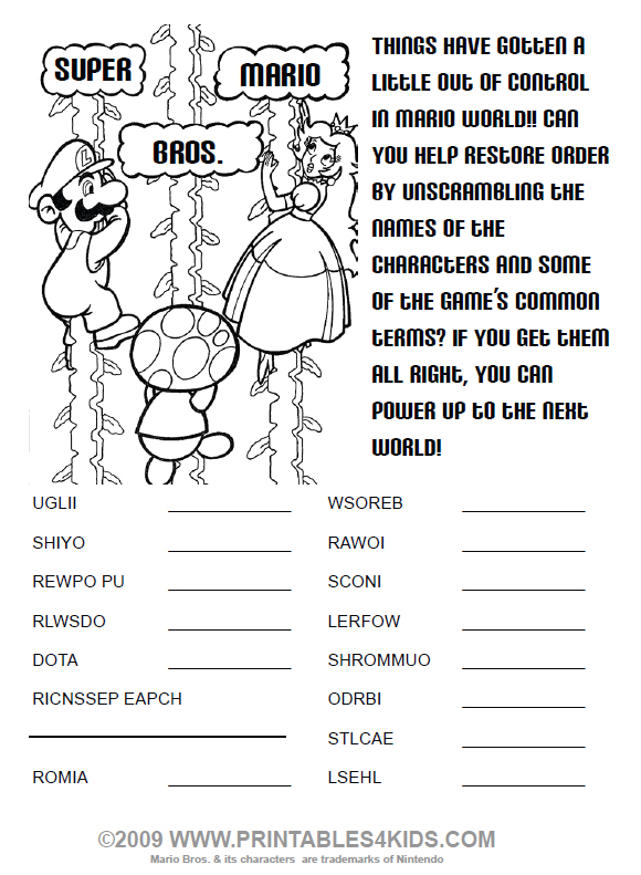 Super mario bros word scramble coloring page â printables for kids â free word search puzzles coloring pages and other activities