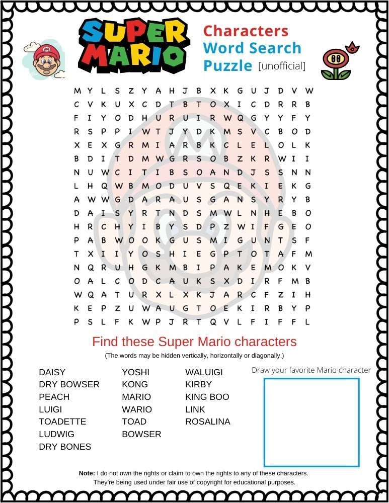 Super mario word search printable puzzle