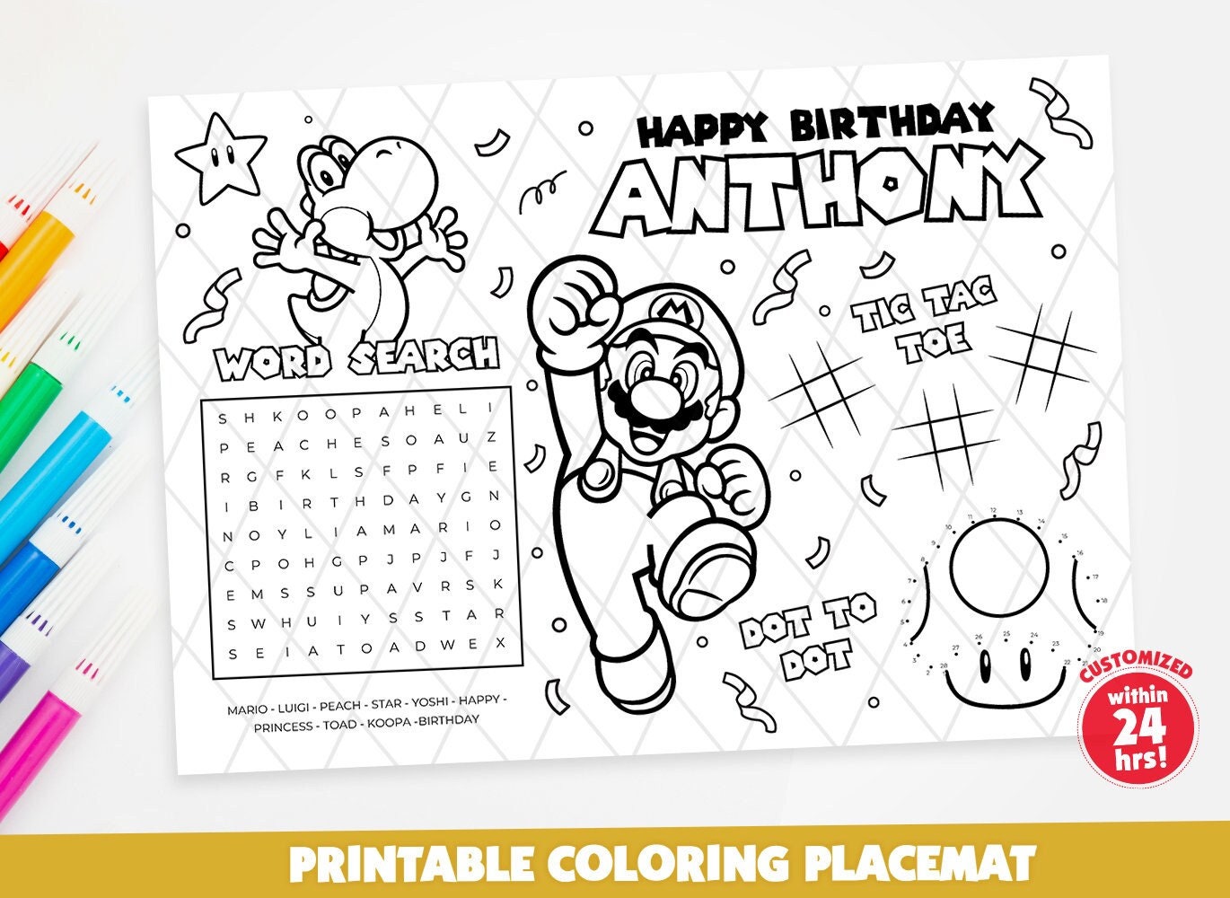 Super mario personalized party placemat printable birthday coloring page sheet activity sheet placemat birthday party games