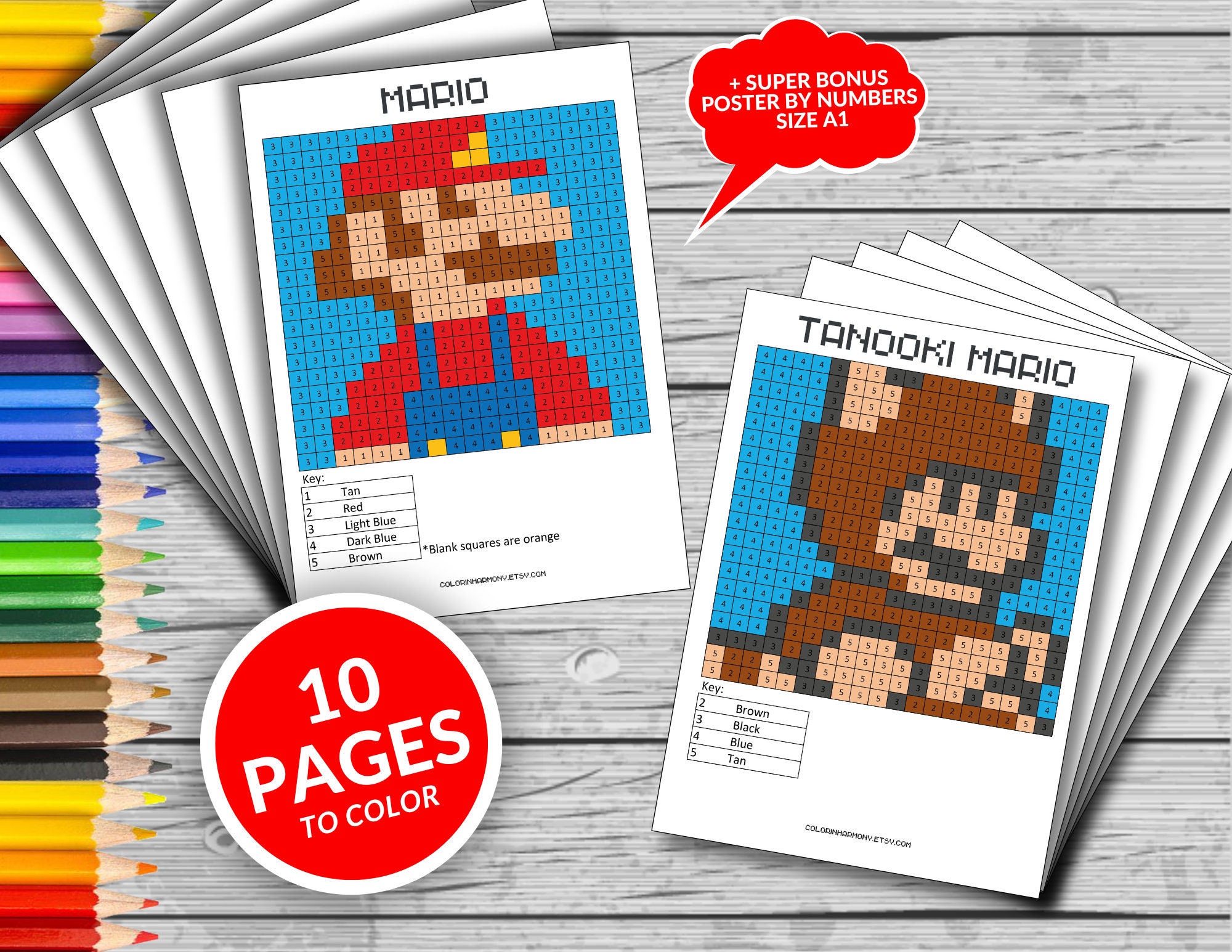 Super mario printable coloring pages coloring by number super mario fun game kids activities fun at home activity relax and color instant download